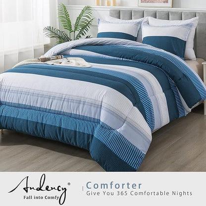Andency Stripe Comforter Set Twin Size (66x90 Inch), 2 Pieces Navy Patchwork Striped Comforter, Soft Microfiber Down Alternative Comforter Bedding Set with Corner Loops