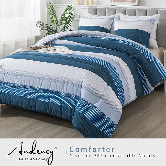 Andency Stripe Comforter Set King Size (104x90 Inch), 3 Pieces Navy Patchwork Striped Comforter, Soft Microfiber Down Alternative Comforter Bedding Set with Corner Loops