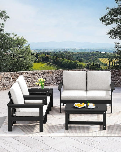 SERWALL HDPE Patio Furniture Set, 1 Pieces Outdoor Sectional Conversation Sofa Set, All Weather Patio Couch Furniture with Coffee Table for Balcony, Deck, Black