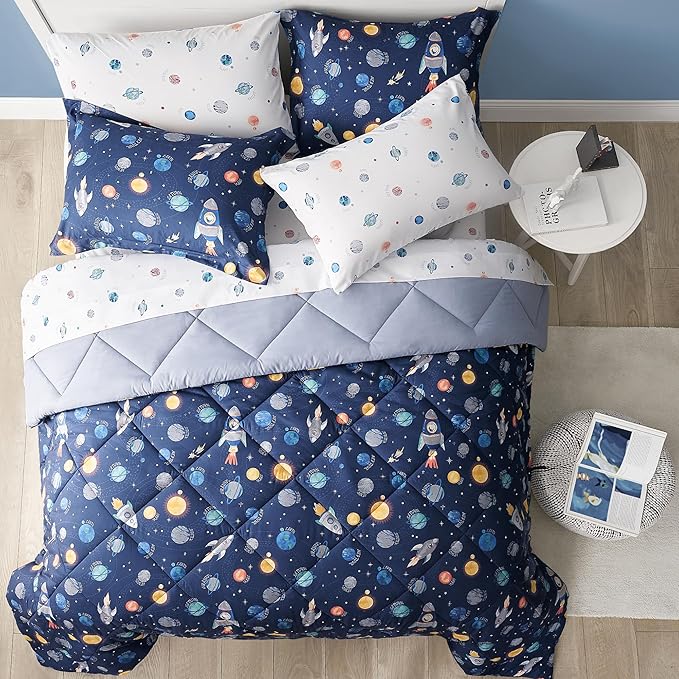 Kids Bedding Set for Boys, Queen Size 7 Pieces Space Themed Bed in a Bag, Super Soft Lightweight Microfiber Comforter Set with Sheets, Hotel Quality Durable Children Bed Set