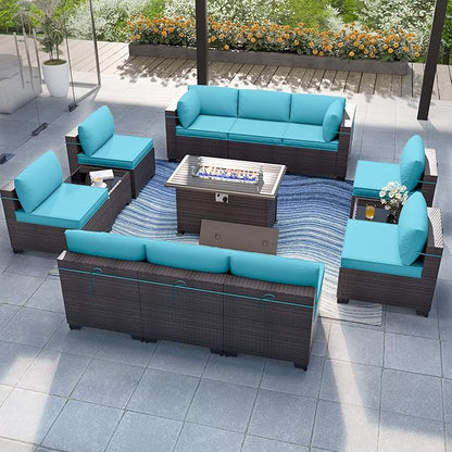 Patio Furniture Set with Fire Pit Table 13 PCS Outdoor Sectional Furniture Outdoor Rattan Patio Conversation Sets with 43in 55,000 BTU Propane Gas Fire Pit Table Glass Table, Blue