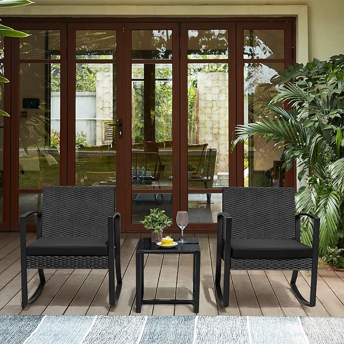 Greesum 3 Pieces Outdoor Furniture Set Patio Bistro Rocking Chairs with Glass Coffee Table for Pool Beach Backyard Balcony Porch Deck Garden, Black