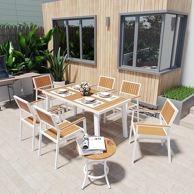 Pamapic 8-Piece Patio Dining Set，Outdoor Aluminum Furniture Set with Plastic-Wood Table Top,Outdoor Furniture Set with 6 Outdoor Stackable Chairs for Patio Garden Poolside (White)