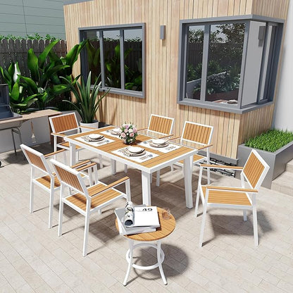 Pamapic 8-Piece Patio Dining Set，Outdoor Aluminum Furniture Set with Plastic-Wood Table Top,Outdoor Furniture Set with 6 Outdoor Stackable Chairs for Patio Garden Poolside (White)