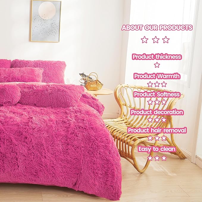 Fluffy hot pink comforters Cover twin size - Ultra Soft Plush hot pink bedding Sets 2 Pieces (1 faux fur comforter Cover + 1 fuzzy pillow case) girls shaggy hot pink twin bed set (Hot Pink, Twin)