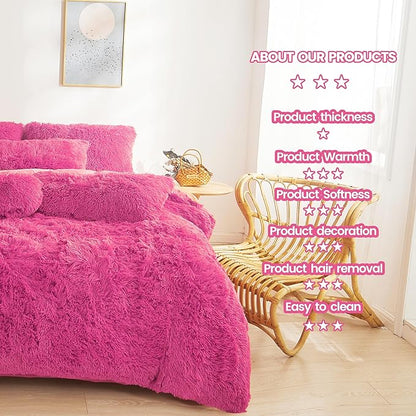 Fluffy hot pink comforters Cover twin size - Ultra Soft Plush hot pink bedding Sets 2 Pieces (1 faux fur comforter Cover + 1 fuzzy pillow case) girls shaggy hot pink twin bed set (Hot Pink, Twin)