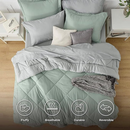 Bedsure Sage Green Full Comforter Set - 7 Pieces Reversible Bed Set Sage Green Bed in a Bag Full with Comforters, Sheets, Pillowcases & Shams, Full Bedding Sets