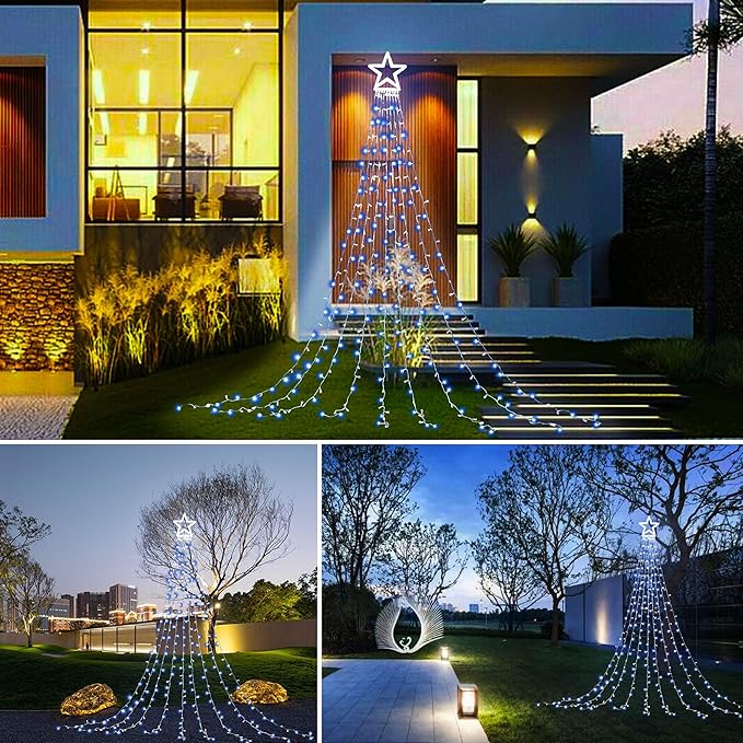 PUHONG Christmas Decoration Outdoor Star String Lights,16.4Ft Christmas Tree Toppers Lights 320 LED 8 Memory Modes with 14" Lighted Star for Halloween Christmas New Year Holiday Birthday(White)