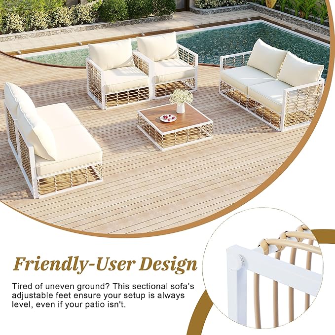 7-Piece Rattan Woven Outdoor Patio Furniture Set, All-Weather Sectional Sofa with Removable Cushions&Coffee Table, Minimalist Style Garden Couch Seating, Onesize, White Frame+Ivory Cushion