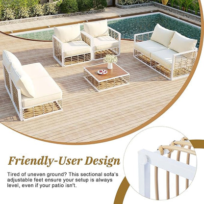 7-Piece Rattan Woven Outdoor Patio Furniture Set, All-Weather Sectional Sofa with Removable Cushions&Coffee Table, Minimalist Style Garden Couch Seating, Onesize, White Frame+Ivory Cushion