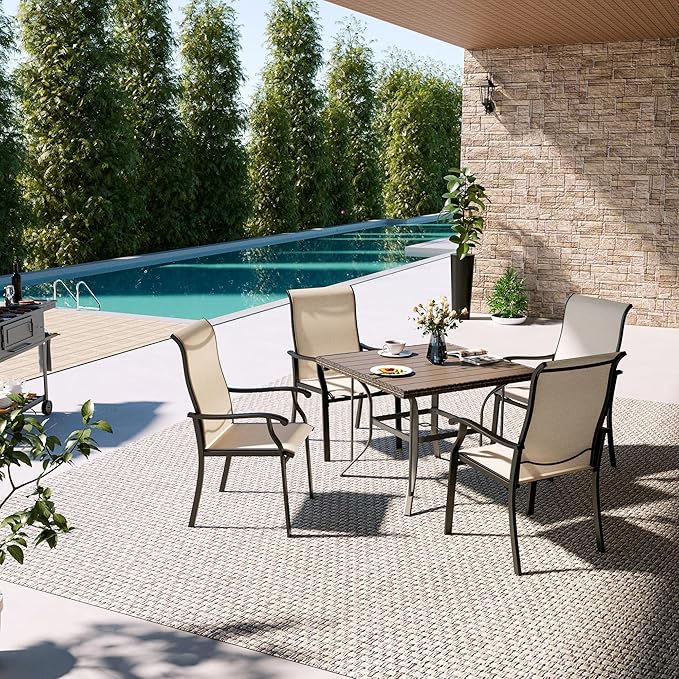 Pamapic 5 Pieces Patio Dining Set, Outdoor Table and Chairs for Garden Backyard Poolside Deck,Outdoor Furniture Set with Square Plastic-Wood Table Top,4 Textilene Chairs,Beige