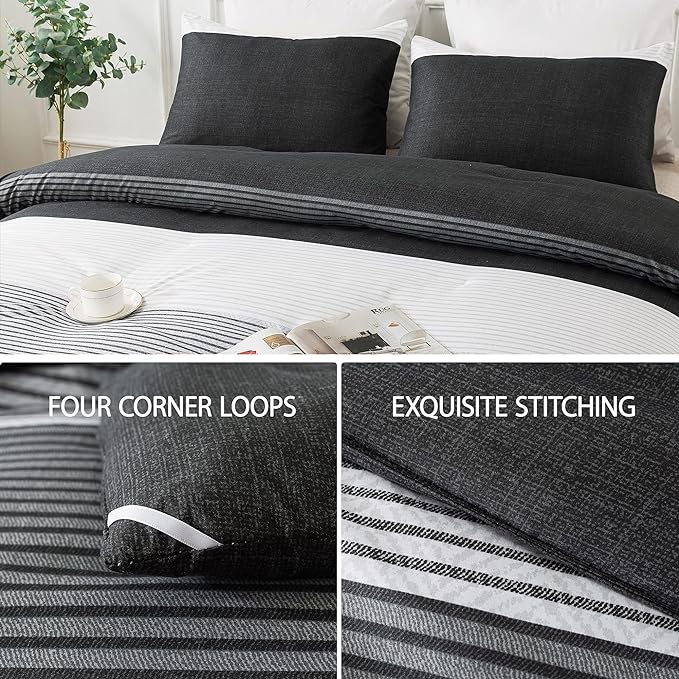 Andency Queen Comforter Set Black,3 Pieces Black White Gray Patchwork Striped Comforter (90x90 Inch), Soft Microfiber Down Alternative Queen Comforter Bedding Sets with Corner Loops