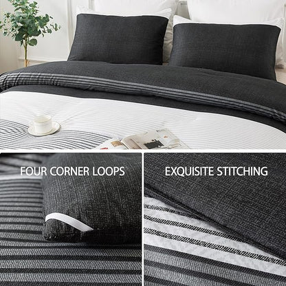 Andency Black Comforter King Size, 3 Pieces Black White Gray Patchwork Striped Comforter (104x90 Inch), Soft Microfiber Down Alternative King Comforter Bedding Sets with Corner Loops