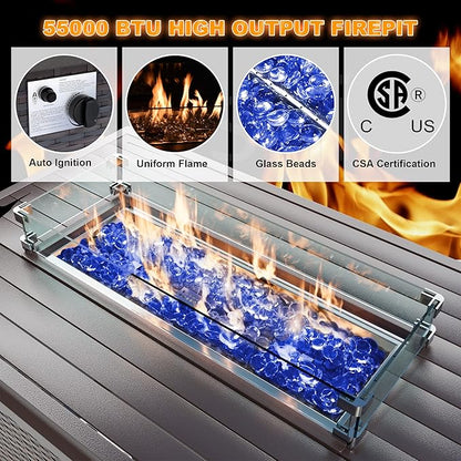 Patio Furniture Set with Fire Pit Table 8 PCS Outdoor Sectional Furniture Outdoor Rattan Patio Conversation Sets with 43in 55,000 BTU Propane Gas Fire Pit Table Glass Table, Red