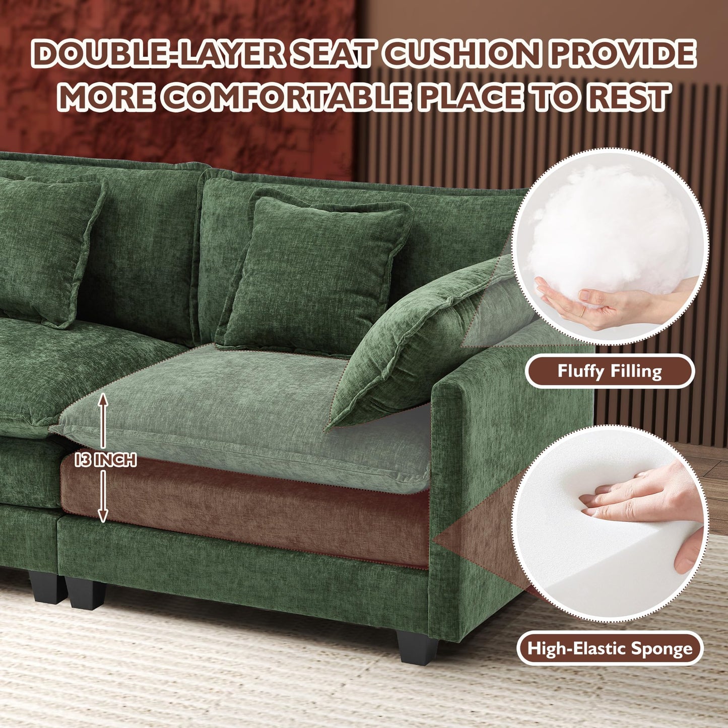 Ihanherry 111.4" L Shaped Modern Sofa Modular Sectional Cloud Couch with Ottoman, 4-Seat Chenille Deep Seat Sofa with Pillow for Living Room, Bedroom and Apartment, Beige