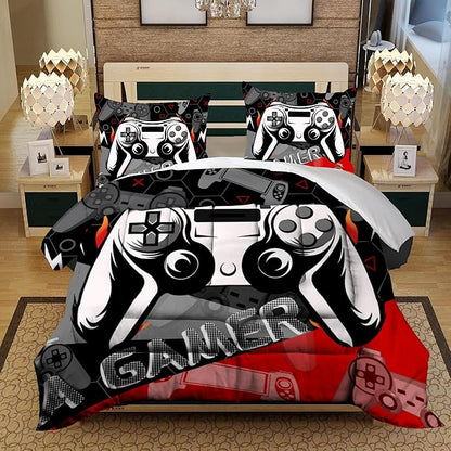 Sunnycitron Red Gamer Comforter Set for Boys Gaming Bedding Set Teens Game Room Decor Twin (1 Comforter + 2 Pillowcase)