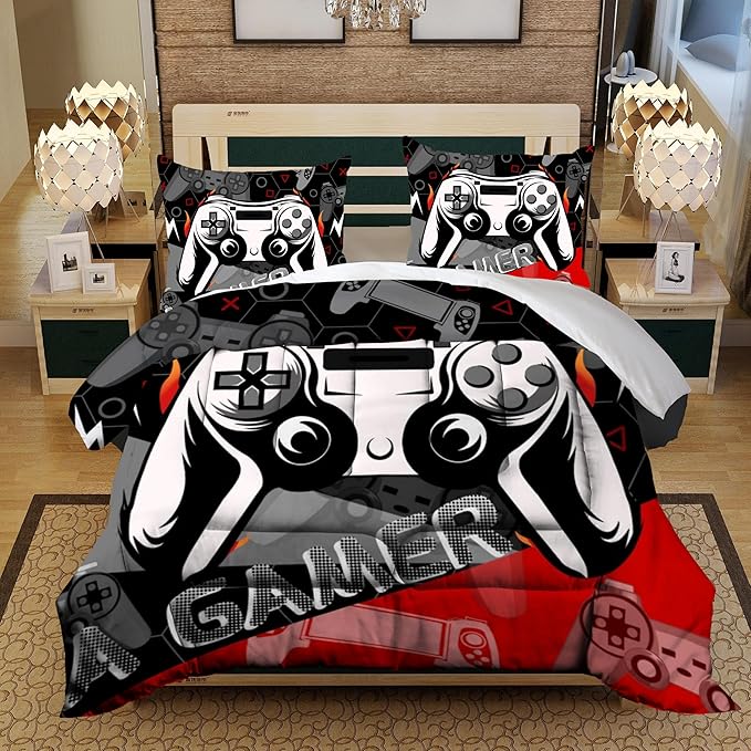 Sunnycitron Red Gamer Comforter Set for Boys Gaming Bedding Set Teens Game Room Decor Full (1 Comforter + 2 Pillowcase)