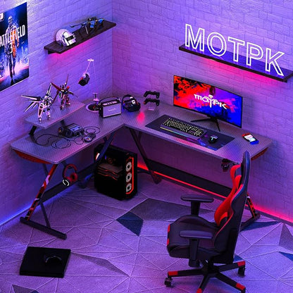 MOTPK L Shaped Gaming Desk 58 Inch, Gaming Computer Desk L Shape with Carbon Fiber Surface, Gamer Desk Gaming Table with Monitor Shelf, Cup Holder & Headphone Hook, Black