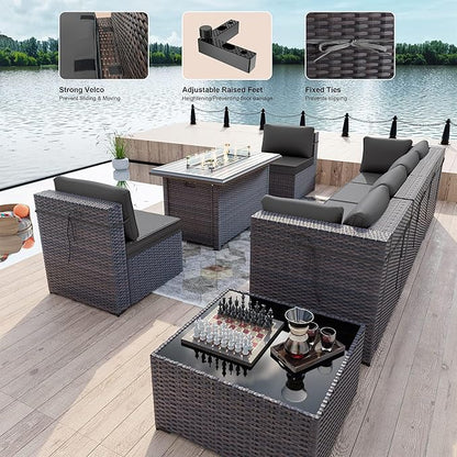 Kullavik 8 Pieces Outdoor Patio Furniture Set with 43" Gas Propane Fire Pit Table PE Wicker Rattan Sectional Sofa Patio Conversation Sets,Grey
