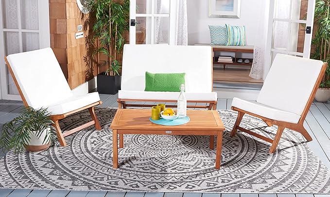 SAFAVIEH Outdoor Collection Chaston Wood Cushion 4-Piece Conversation Patio Set PAT7044F, Natural/Beige