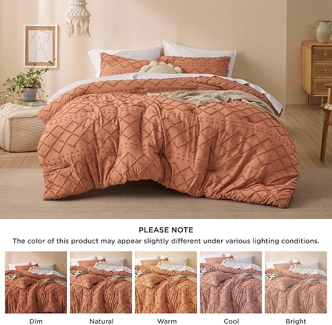 Bedsure Full Size Comforter Set - Pumpkin Comforter, Boho Tufted Shabby Chic Bedding Comforter Set, 3 Pieces Vintage Farmhouse Bed Set for All Seasons, Fluffy Soft Bedding Set with 2 Pillow Shams