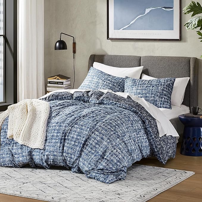 Hyde Lane Blue Full/Queen Comforter Set for Men, Modern Farmhouse Aesthetic Soft Bedding, Masculine Plaid Lines Pattern Bed Sets for All Season, 3 Pieces includes 1 Comforter, 2 Shams (90"x 90")