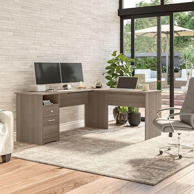 Bush Furniture Cabot 72W L Shaped Computer Desk with Drawers, Ash Gray