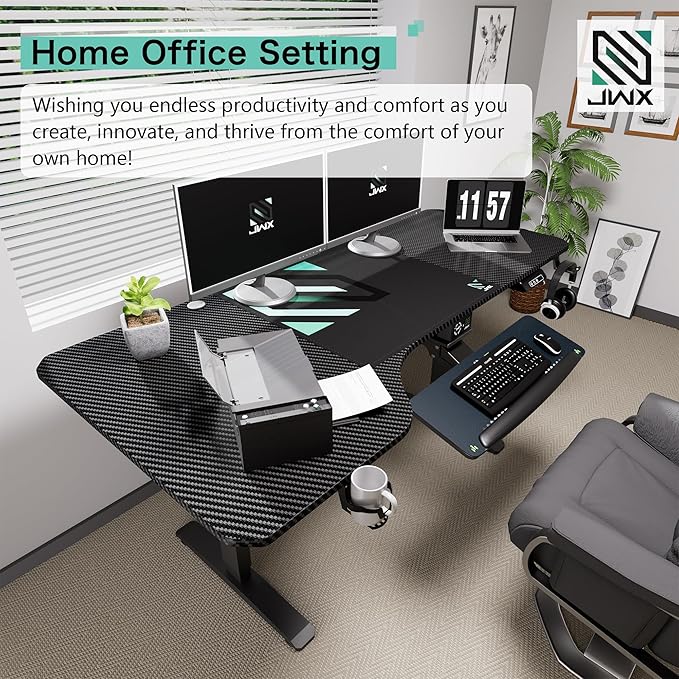 L Shaped Electric Standing Desk, 63 Inches Stand Up Corner Desk, Home Office Sit Stand Desk with Carbon Firben Top, Black Frame & Caster Wheels Set…