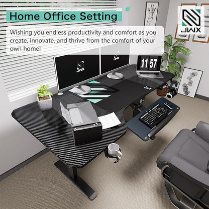 L Shaped Electric Standing Desk, 63 Inches Stand Up Corner Desk, Home Office Sit Stand Desk with Carbon Firben Top, Black Frame & Caster Wheels Set…