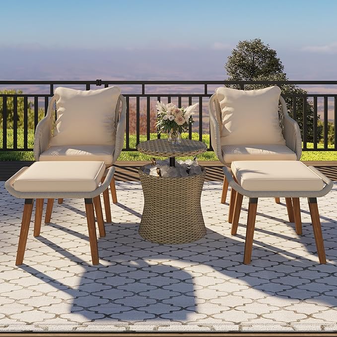 5-Pieces Outdoor Furniture Bistro Set with Wicker Cool Bar Table, Rope Weaving Patio Chairs and Ottomans for Porch Backyard Balcony Poolside, Onesize, Brown