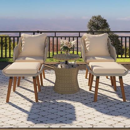 5-Pieces Outdoor Furniture Bistro Set with Wicker Cool Bar Table, Rope Weaving Patio Chairs and Ottomans for Porch Backyard Balcony Poolside, Onesize, Brown