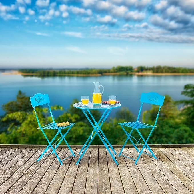 Alpine Corporation Indoor/Outdoor 3-Piece Bistro Set Folding Table and Chairs Patio Seating, Blue