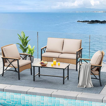 YITAHOME 4-Piece Patio Wicker Furniture Set with Wood Armrest, All Weather Rattan Conversation Furniture Sets for Backyard, Balcony, Deck w/Soft Cushions and Plastic Wood Table (Light Brown+Beige)
