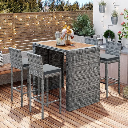Outdoor Dining Set for 4, Rattan Patio Table with Acacia TableTop, Bar-Height Chairs, Fixed Rope, Removable Cushion, Garden Furniture, Onesize, Brown Wood+Gray Wicker