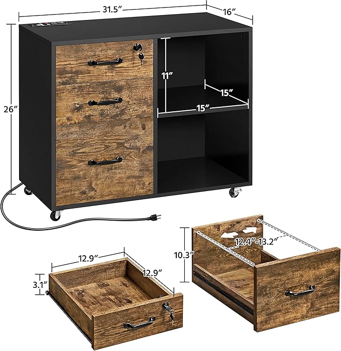 Yaheetech Filing Cabinet with Charging Station, Lateral File Cabinets Printer Stand with 3 Drawers, for Home and Office Black/Rustic Brown