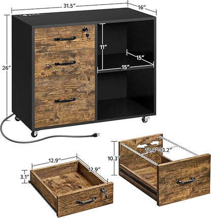Yaheetech Filing Cabinet with Charging Station, Lateral File Cabinets Printer Stand with 3 Drawers, for Home and Office Black/Rustic Brown