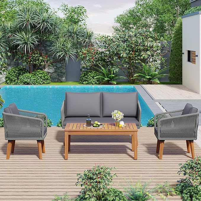4-Piece, Outdoor Furniture with Loveseat, 2 Chairs and Table, Patio Conversation Set Deep Seating with Thick Backyard Porch Balcony, Zh-Dark Grey Cushion + Grey Rope