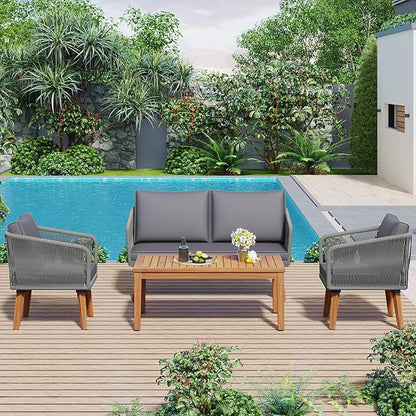 4-Piece, Outdoor Furniture with Loveseat, 2 Chairs and Table, Patio Conversation Set Deep Seating with Thick Backyard Porch Balcony, Zh-Dark Grey Cushion + Grey Rope