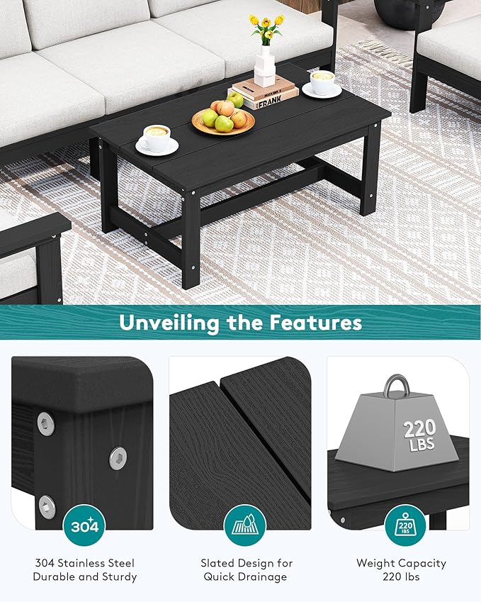 SERWALL HDPE Patio Furniture Set, 1 Pieces Outdoor Sectional Conversation Sofa Set, All Weather Patio Couch Furniture with Coffee Table for Balcony, Deck, Black