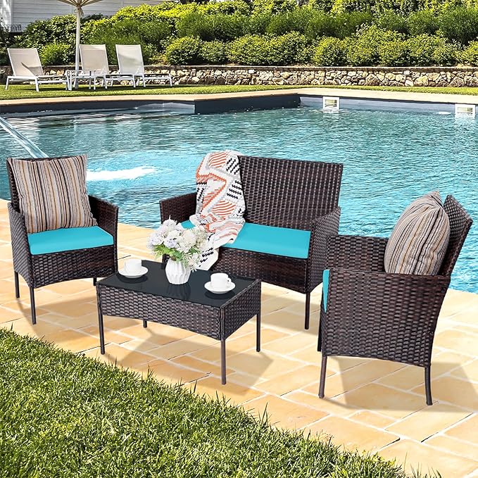 Patio Furniture Set,4 Piece Garden Conversation Set, Outdoor Wicker Rattan Table and Chairs, Black Patio Set, Sectional Sofa with Thick Cushion for Garden, Yard, or Porch (Brown/Blue)
