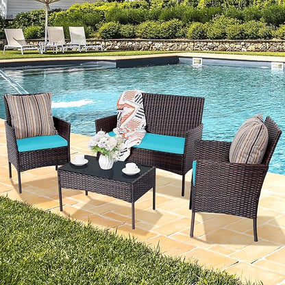 Patio Furniture Set,4 Piece Garden Conversation Set, Outdoor Wicker Rattan Table and Chairs, Black Patio Set, Sectional Sofa with Thick Cushion for Garden, Yard, or Porch (Brown/Blue)
