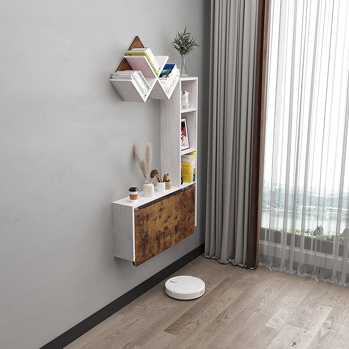 Folding Wall Mounted Drop Leaf Table, Foldable Desk with Moveable Cabinets, Floating Laptop with Convertible Storage Shelves, Multifunctional Computer Workstation in Home for Space Saving