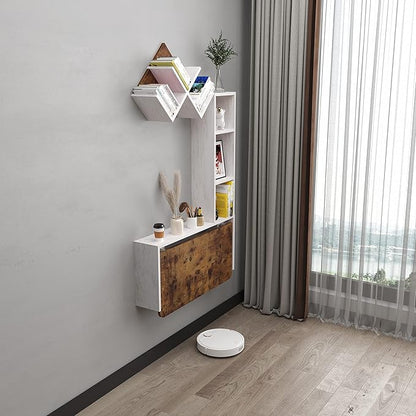 Folding Wall Mounted Drop Leaf Table, Foldable Desk with Moveable Cabinets, Floating Laptop with Convertible Storage Shelves, Multifunctional Computer Workstation in Home for Space Saving