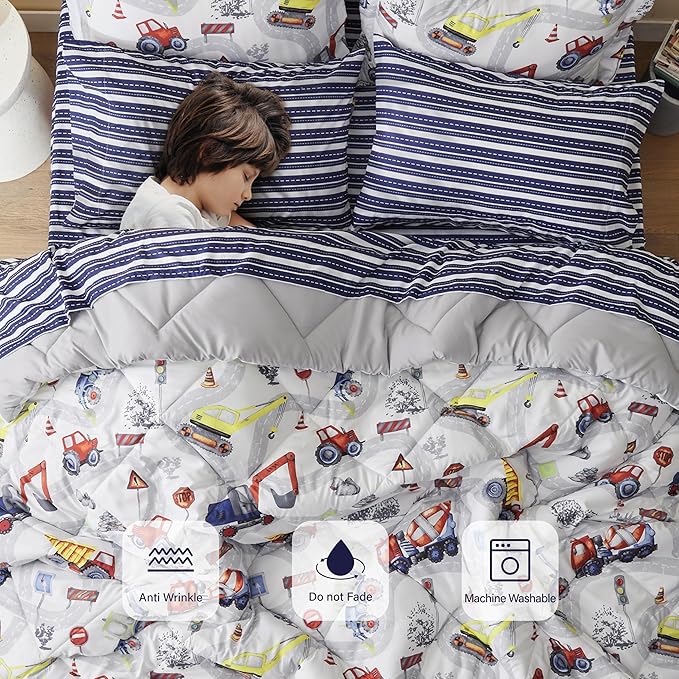 Truck Twin Comforter Set for Boys,5 Pieces Kids Bedroom Bedding Set with Sheets and Pillowcase,Super Soft Lightweight for All Seasons,Car,Machine Washable