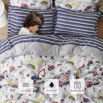 Truck Twin Comforter Set for Boys,5 Pieces Kids Bedroom Bedding Set with Sheets and Pillowcase,Super Soft Lightweight for All Seasons,Car,Machine Washable