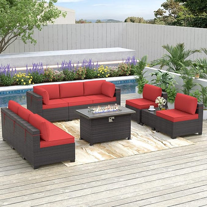 Patio Furniture Sectional Sofa 10 Pieces PE Rattan Patio Conversation Set w/43in Gas Fire Pit Table, Outdoor Furniture with 55000 BTU Propane Fire Pit, Red