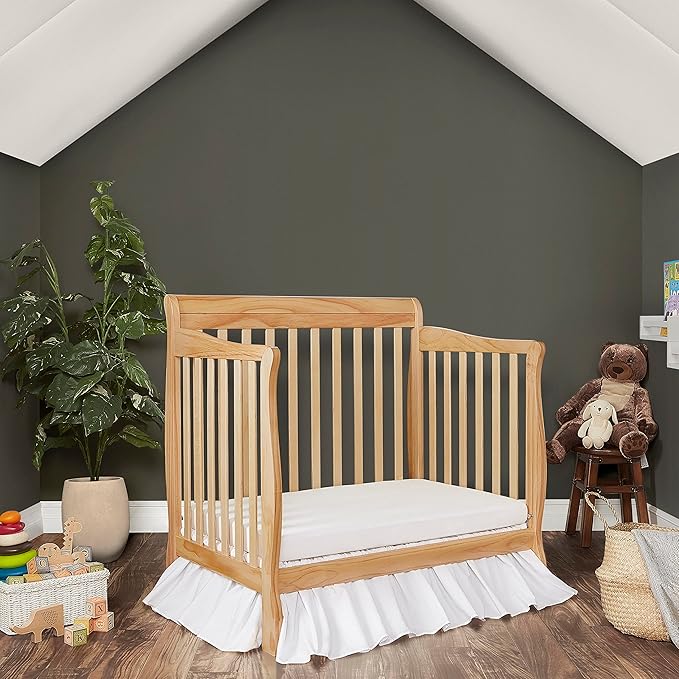 Aden 4-in-1 Convertible Mini Crib In Natural, Greenguard Gold Certified, Non-Toxic Finish, New Zealand Pinewood, With 3 Mattress Height Settings