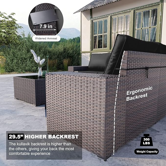 Kullavik 6PCS Outdoor Patio Furniture Set PE Wicker Rattan Sectional Sofa Patio Conversation Sets,Black
