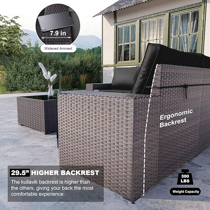 Kullavik 12PCS Outdoor Patio Furniture Set PE Wicker Rattan Sectional Sofa Patio Conversation Sets,Black