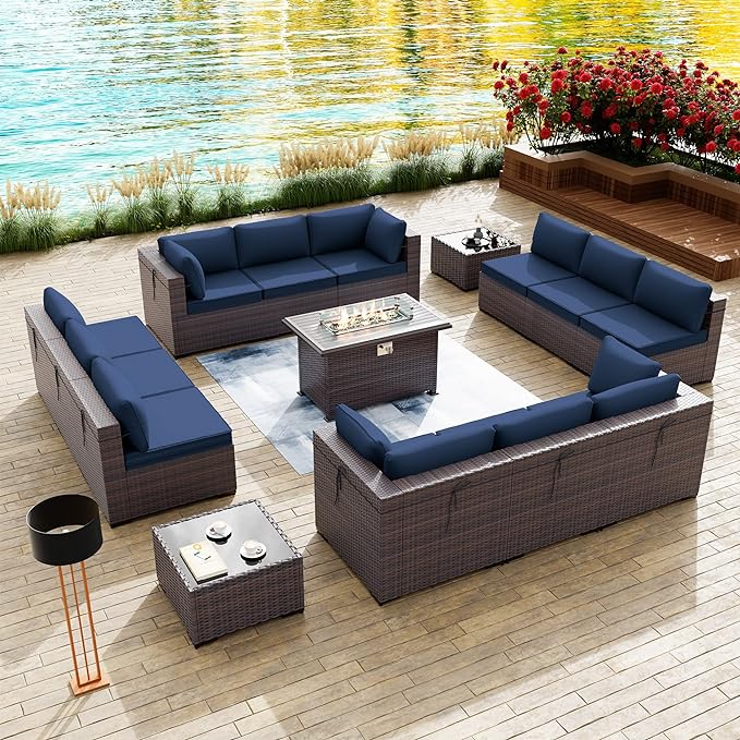 Kullavik 15PCS Outdoor Patio Furniture Set with 43" 55000BTU Gas Propane Fire Pit Table PE Wicker Rattan Sectional Sofa Patio Conversation Sets,Dark Blue